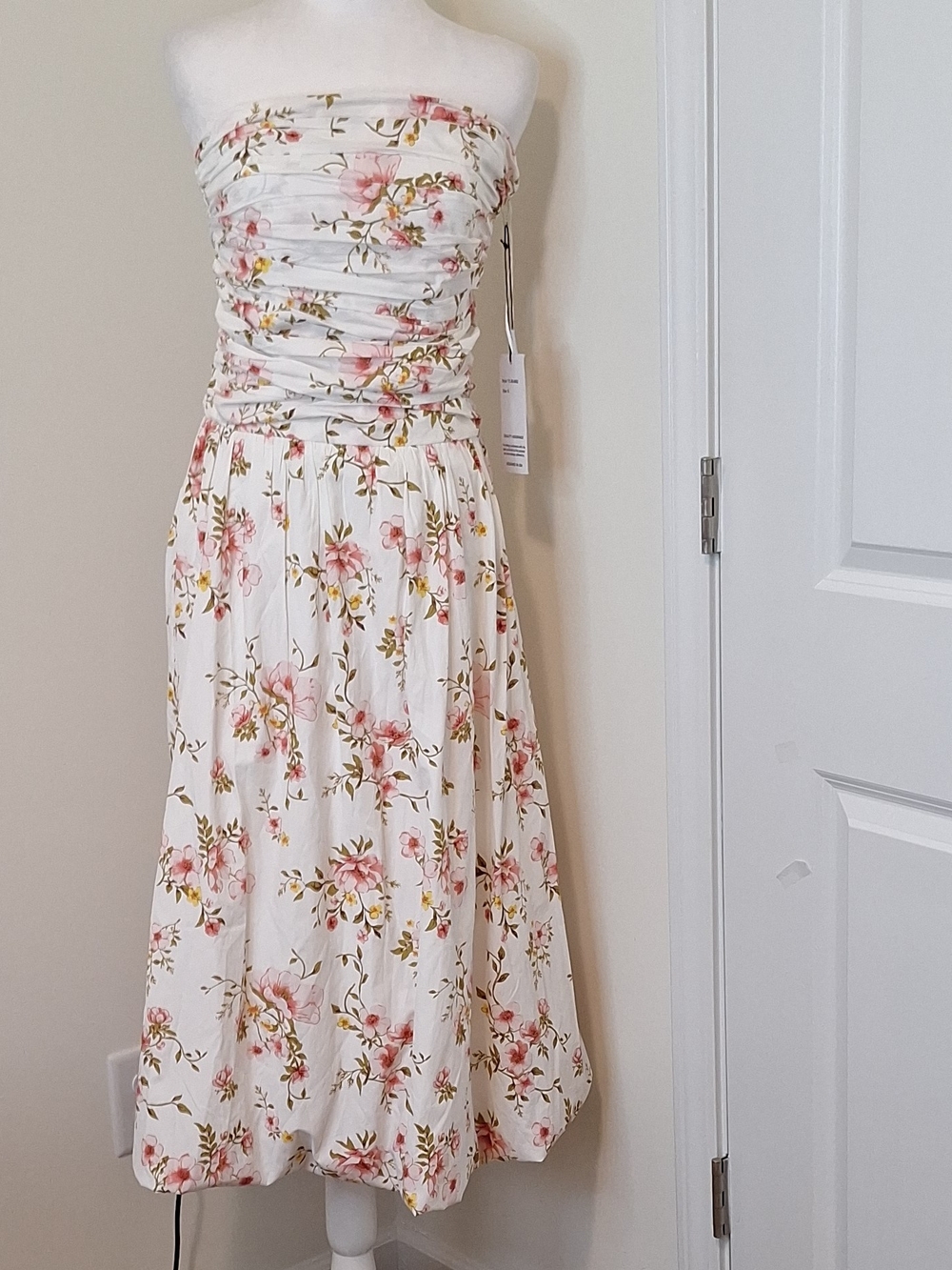 Tulip Creations Strapless Floral Midi Dress in White with Pink Blooms Size S